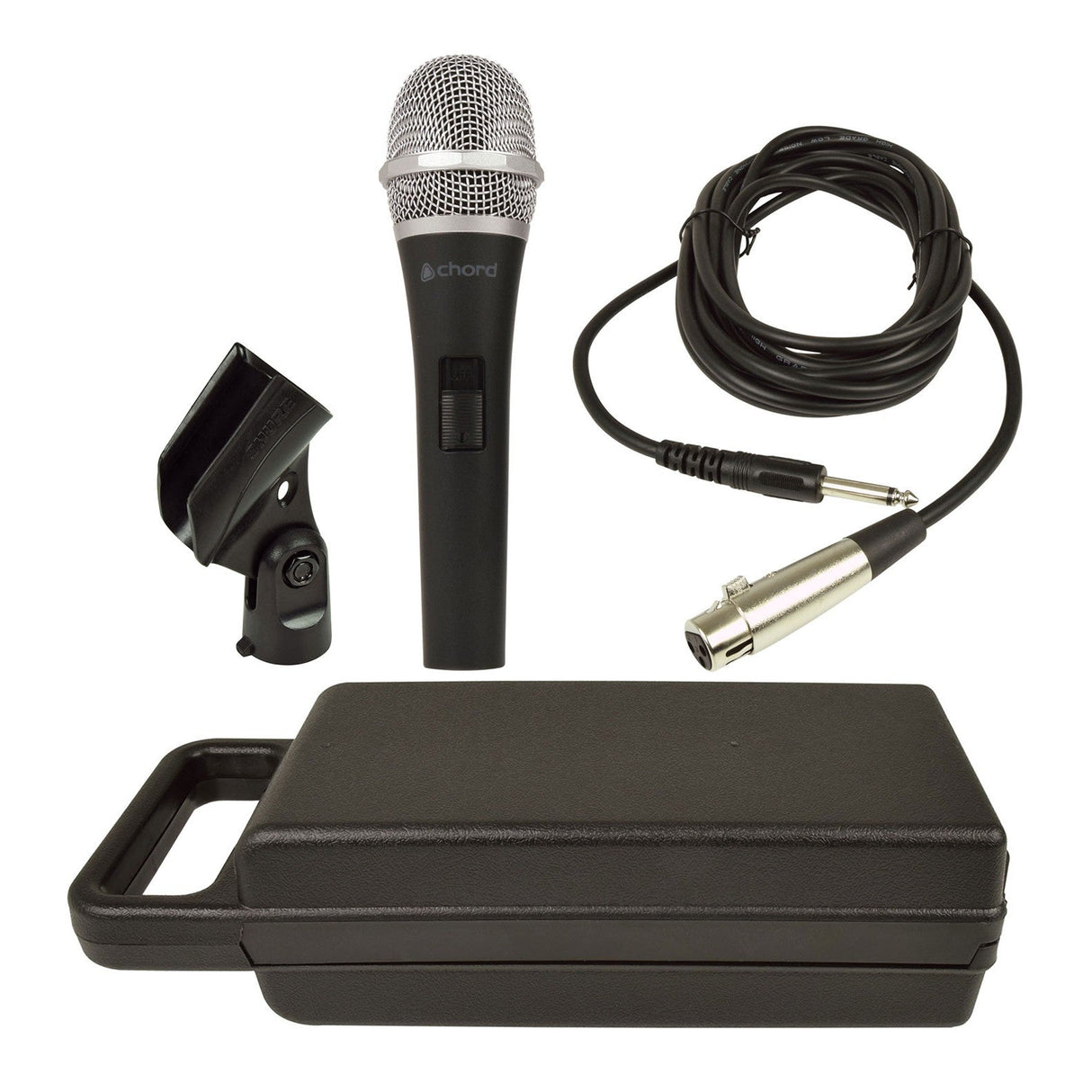 The Chord DM04 Vocal Microphone set includes a black wired dynamic microphone with a hypercardioid pattern, a detachable clip, an extended audio cable with connectors, and a rectangular carrying case. Ideal for capturing high sound pressure levels (SPLs).