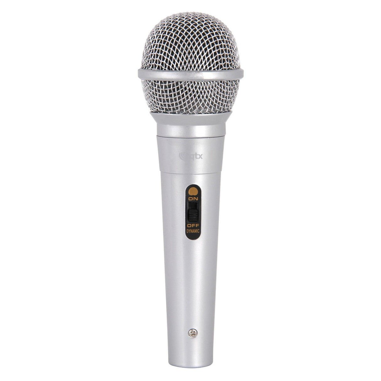 The QTX DM11S Dynamic Microphone in silver features a classic design with a metal mesh grille and a black power switch on the handle. Its cardioid polar pattern makes it perfect for vocal performances or speeches.