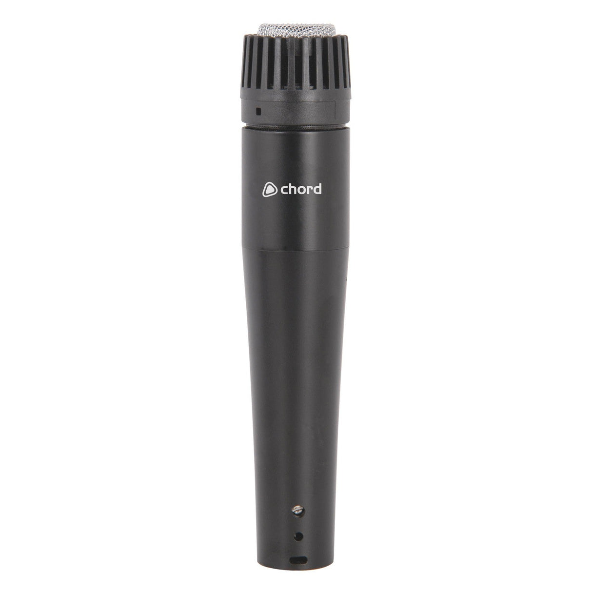 The Chord IM07 Instrument/Vocal Microphone, featuring a black cylindrical metal body with a grille at the top and the brand logo on its side, is designed for capturing female vocals. It stands upright against a white background.