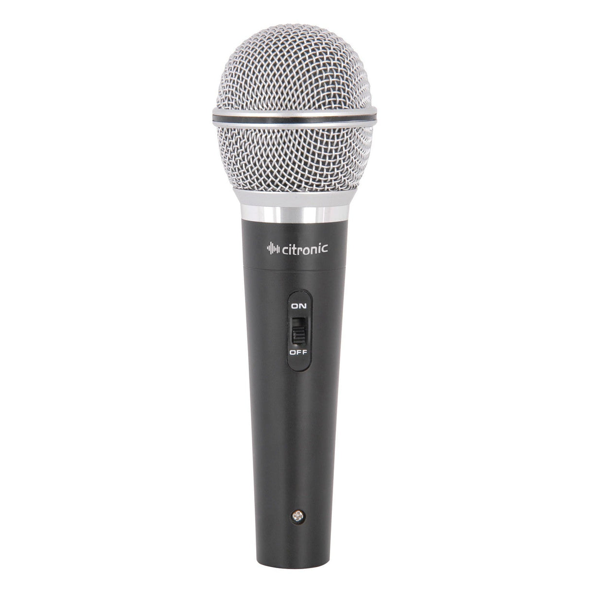 The Citronic DMC-03 Dynamic Microphone features a sleek black design with a silver mesh head, along with an on/off switch on the handle, specifically crafted for vocal recording. Its unidirectional capsule ensures focused sound capture, all set against a plain white background.