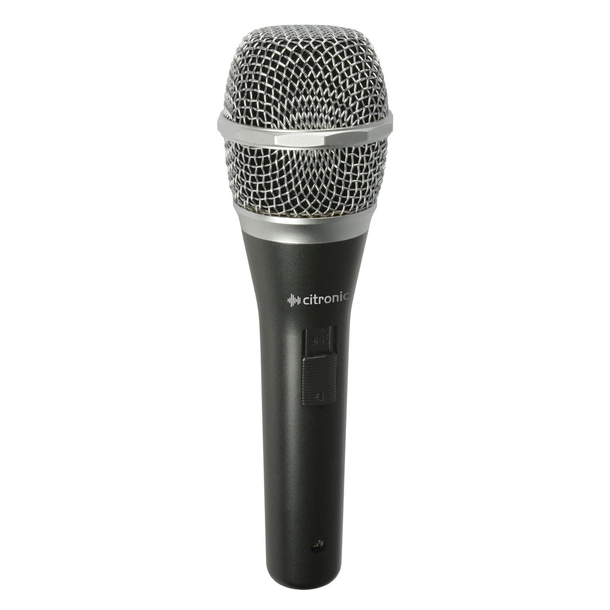 Close-up of the Citronic DM50S Neodymium Vocal Microphone, showcasing its metallic mesh grille and sleek black body. This microphone is equipped with a neodymium magnet capsule and stands upright against a plain white background, offering precise and clear sound capture.