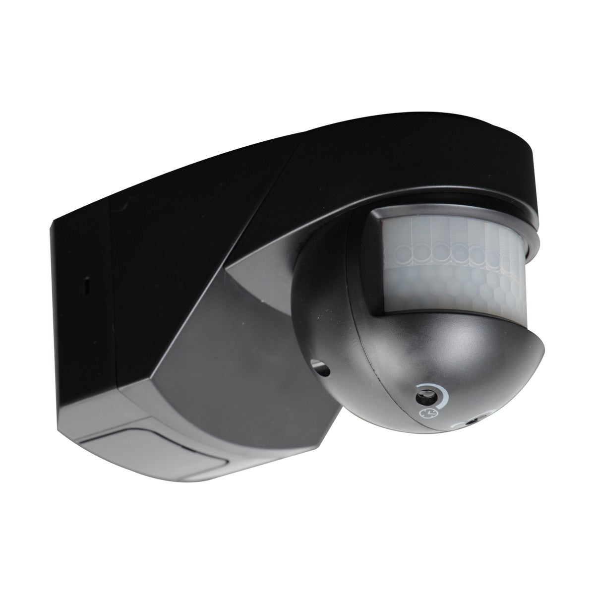 The IP55 PIR Sensor 200° - Black is an adjustable motion sensor device mounted on a wall bracket. It features a spherical sensor with a white grid pattern, angled downward for indoor or outdoor surveillance, and offers an IP55 weather resistance rating.