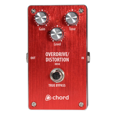 The Chord OD-50 Overdrive/Distortion Pedal is a red guitar effects pedal equipped with three knobs for Gain, Tone, and Level. It features side input and output jacks, True Bypass, and the renowned Chord branding for superior sound management.