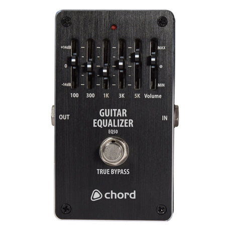 Image of a Chord EQ-50 5-Band Graphic EQ Pedal in black, featuring five frequency-adjustment sliders (100Hz, 300Hz, 1kHz, 3kHz, and 5kHz) and a volume slider for precise tone shaping. The pedal includes IN and OUT buttons along with a TRUE BYPASS switch.