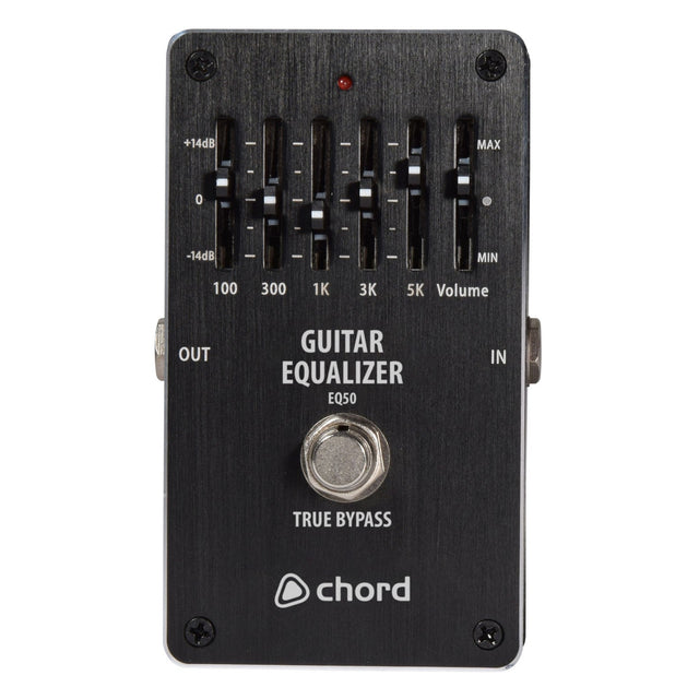 Image of a Chord EQ-50 5-Band Graphic EQ Pedal in black, featuring five frequency-adjustment sliders (100Hz, 300Hz, 1kHz, 3kHz, and 5kHz) and a volume slider for precise tone shaping. The pedal includes IN and OUT buttons along with a TRUE BYPASS switch.