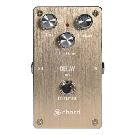 The Chord DL-50 Delay Effect Pedal is a metallic pedal designed for guitar or bass, featuring adjustable controls with three knobs labeled Time, Feedback, and Effect Level. It includes a True Bypass foot switch and has input/output jacks on either side.