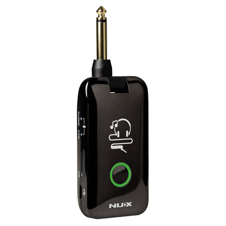The NU-X Mighty Plug Headphone Amplifier With Bluetooth & USB is a sleek black guitar headphone amplifier featuring a quarter-inch jack on top. It offers Bluetooth connectivity, has a green circular button on the front, white control labels on the side, and displays the NUX logo at the bottom. It is conveniently rechargeable via USB.