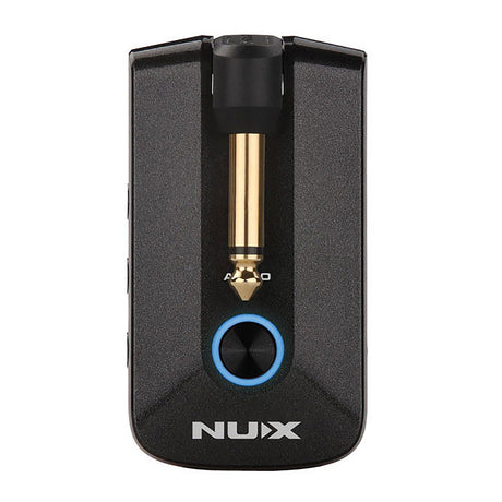 A NU-X Mighty Plug Pro Headphone Amplifier in black, featuring a gold plug and blue LED indicator on the front, with built-in wireless guitar transmitter capabilities for seamless practice sessions.
