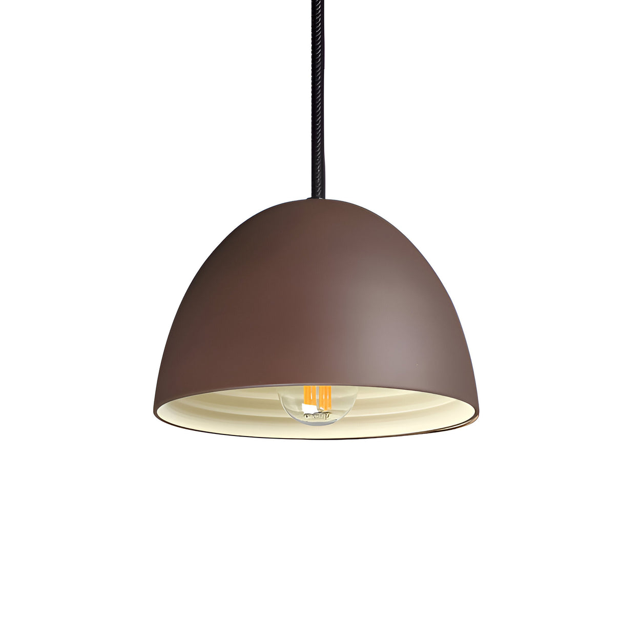 The Phosora 1 Light Pendant in Corten, featuring an 18cm dome-shaped shade in a coffee color and a visible bulb, is suspended from an adjustable black cord against a white backdrop.