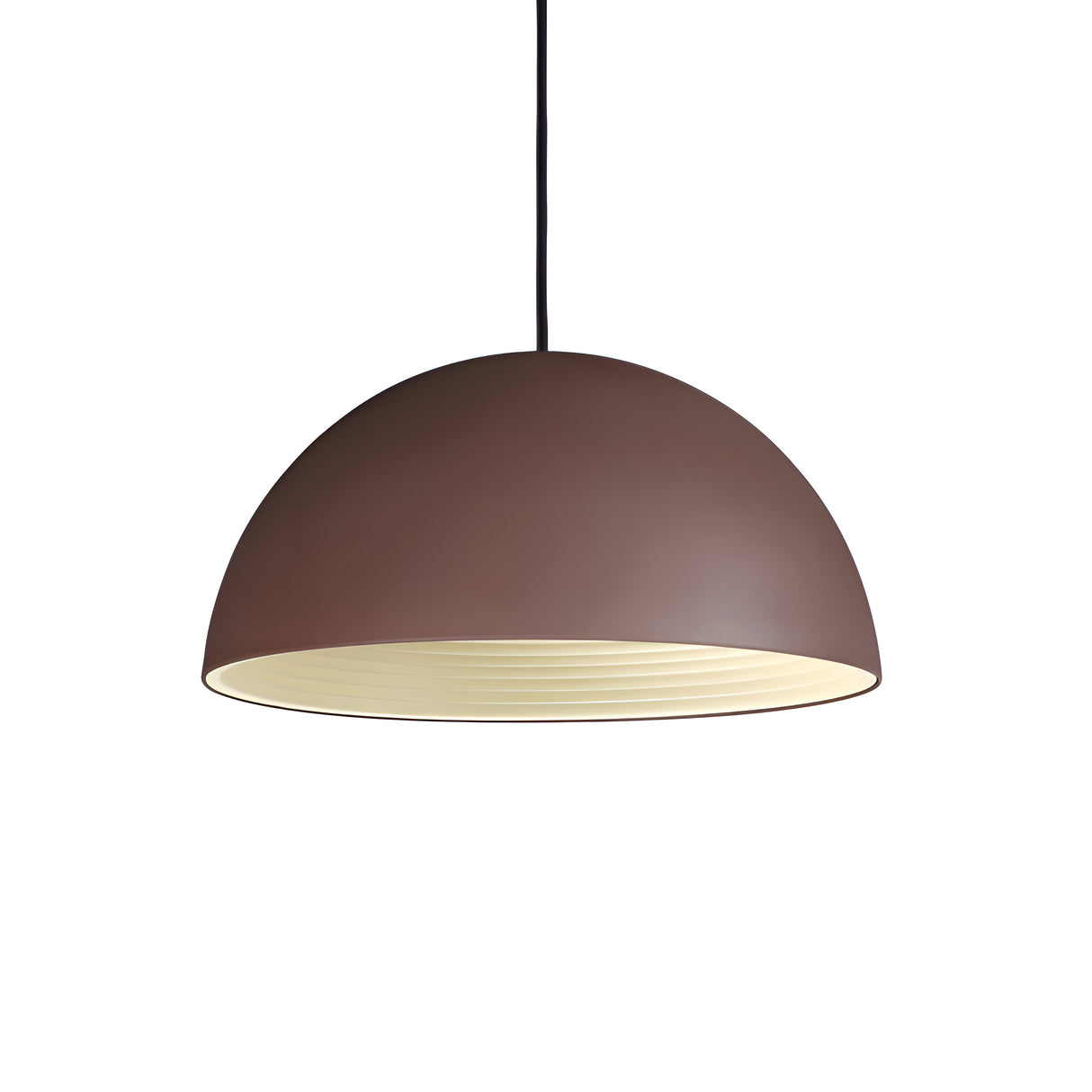 The Phosora 1 Light Pendant - Corten, 40cm showcases a matte coffee-colored, dome-shaped shade suspended from an elegant black cord. Its white interior softly illuminates the space, reflecting modern design aesthetics with sleek lines against a minimalist background.