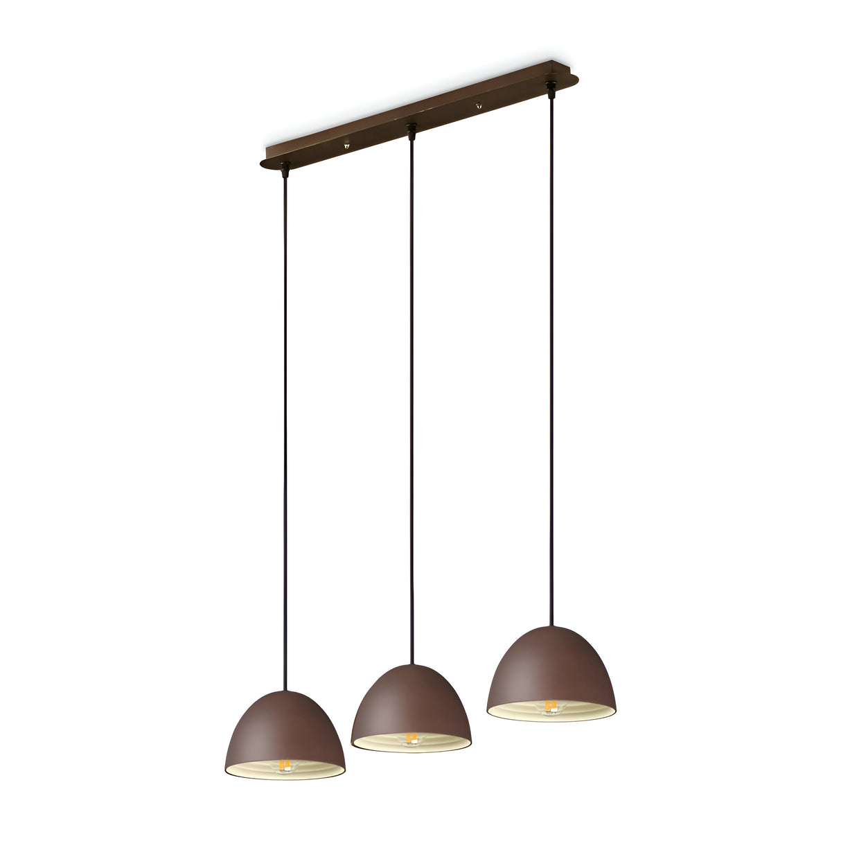 The Phosora 3 Light Bar Pendant - Corten features three dome-shaped lights that hang gracefully from a sleek fixture, showcasing modern elegance. Each light has a brown exterior and white interior, connected by adjustable black cables for versatile placement.