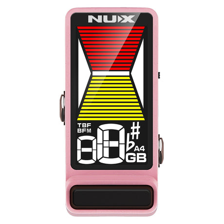 The NU-X Flow Tune Pedal, featuring a vibrant HD color display in pink, provides precise tuning levels. Its screen showcases a gradient of red to yellow bars and digital letters for tuning notes, with the brand name NUX prominently displayed at the top. This makes it an indispensable guitar tuner for any musician.