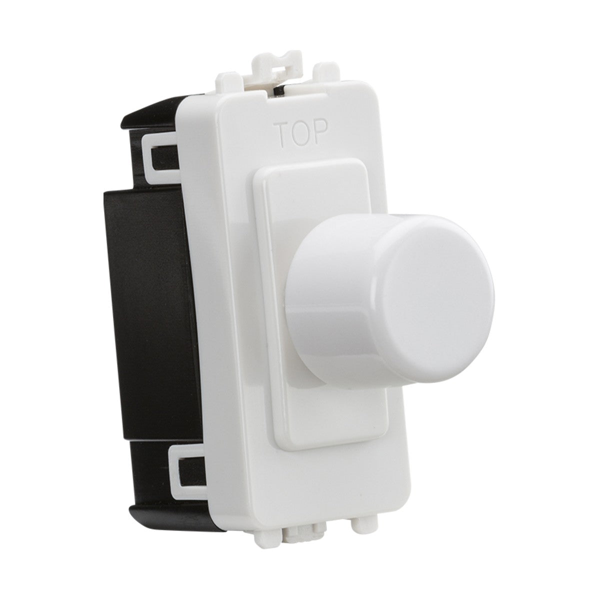 The image features a detailed view of a white circular knob rotary dimmer switch, labeled TOP, housed in a sleek rectangular black casing. Designed for exceptional LED compatibility, this Knightsbridge Screwless 2-Way 10-200W (10-100W LED) Trailing Edge Dimmer Module - White brings modern sophistication to any room.