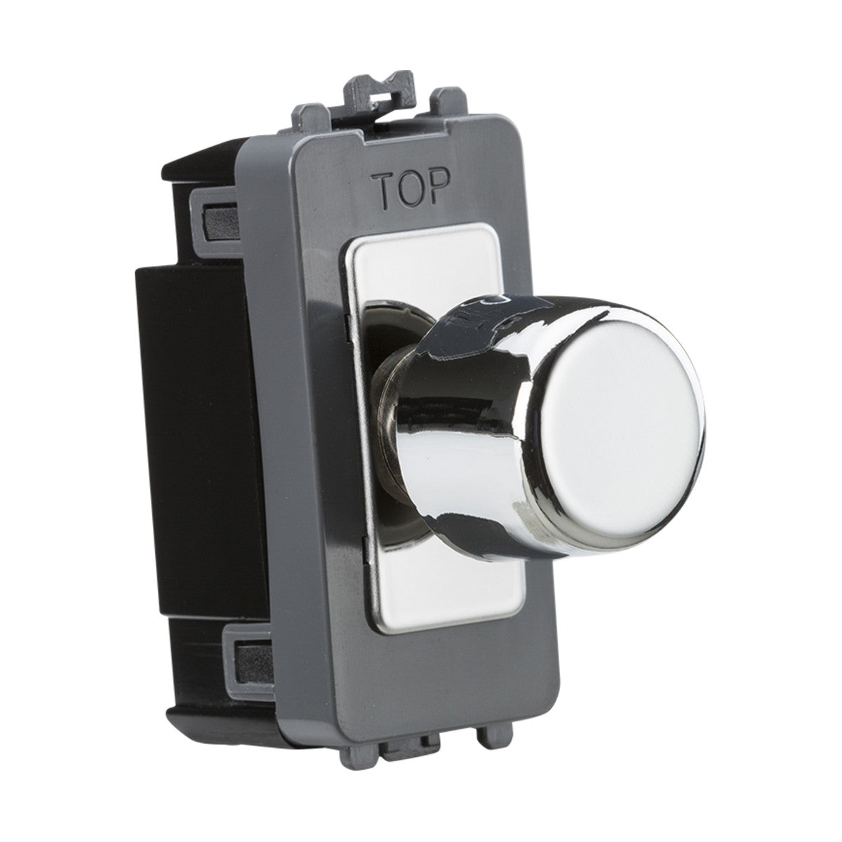 A close-up of a metallic rotary dimmer switch showcases a glossy knob and rectangular frame with the label TOP at the top. This 2-Way 10-200W (10-100W LED) Trailing Edge Dimmer Module in Polished Chrome by Knightsbridge is designed for wall mounting and boasts a modern, reflective finish.