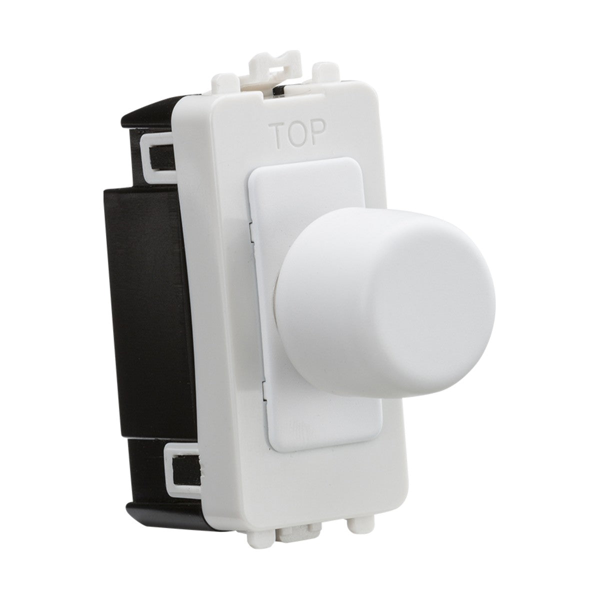 The 2-Way 10-200W (10-100W LED) Trailing Edge Dimmer Module, renowned for its LED compatibility, showcases a white round knob set against a sleek black mounting bracket with a "TOP" label at the top, providing precise control over your lighting requirements.