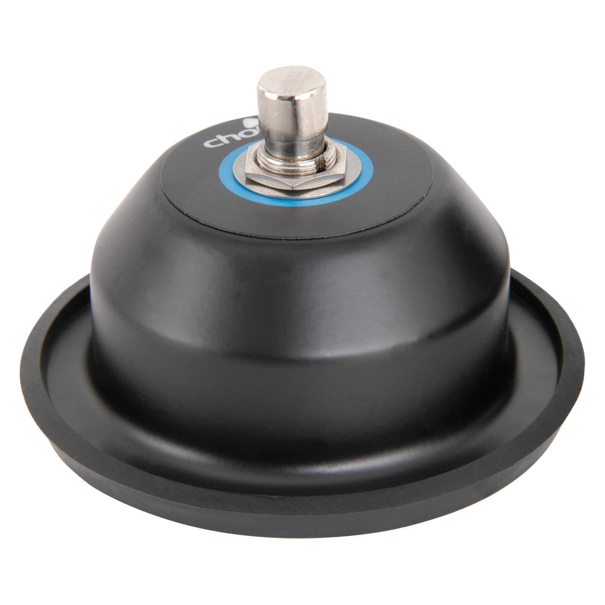 Close-up of a Chord FS1L Single Latching Footswitch in black, featuring a metallic locking mechanism and blue accent. Crafted with precision akin to a conical pressed steel case, it ensures secure operation, preventing accidental release during use.
