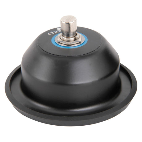 Close-up of a Chord FS1L Single Latching Footswitch in black, featuring a metallic locking mechanism and blue accent. Crafted with precision akin to a conical pressed steel case, it ensures secure operation, preventing accidental release during use.