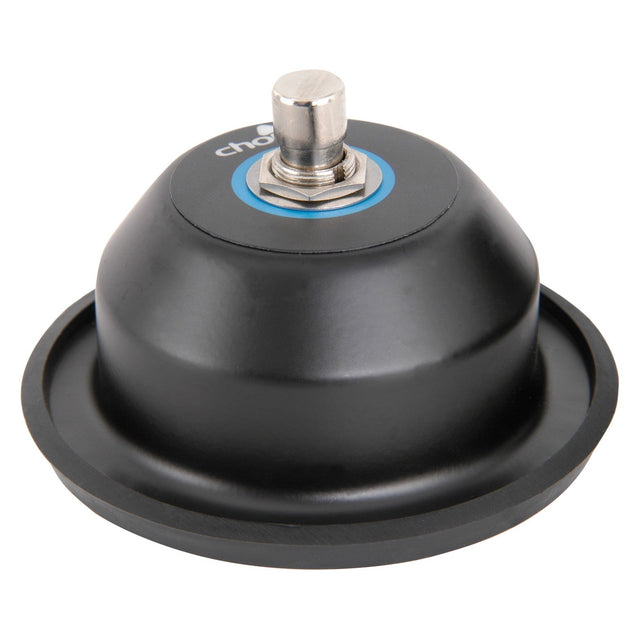 Close-up of a Chord FS1L Single Latching Footswitch in black, featuring a metallic locking mechanism and blue accent. Crafted with precision akin to a conical pressed steel case, it ensures secure operation, preventing accidental release during use.