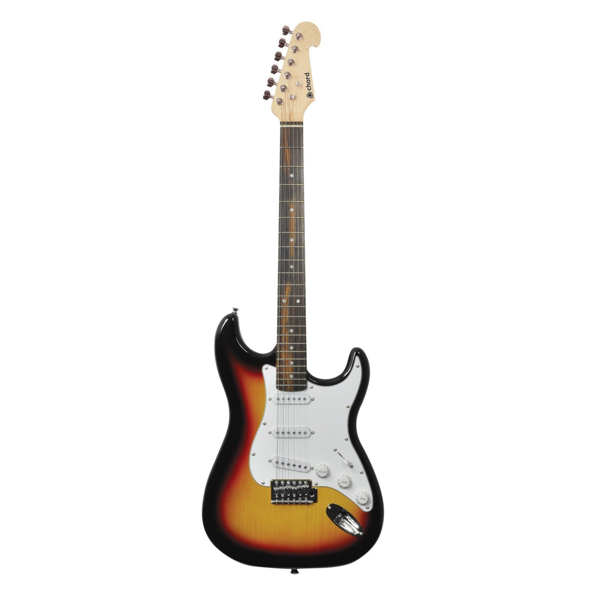 The Chord CAL63 Guitar - 3 Tone Sunburst model showcases a classic double-cutaway body with a white pickguard and six strings, highlighted by single coil pickups. The smooth gradient finish elegantly transitions from yellow to dark red around the edges, capturing its sunburst design.