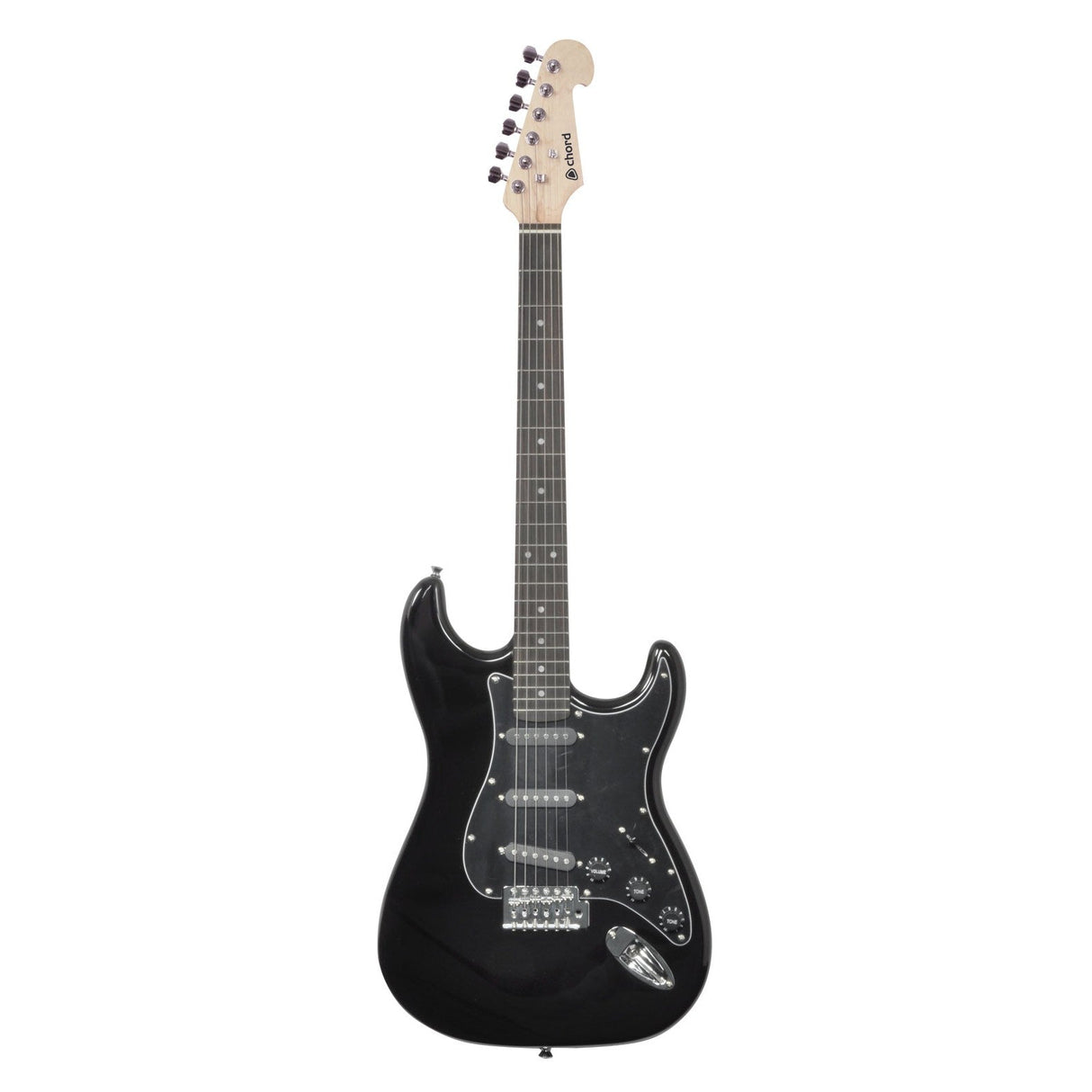The Chord CAL63 Guitar in black features a classic curved body design with six strings, single coil pickups, and a dark fretboard. With its pickguard and multiple control knobs, this timeless beauty stands out against a white background.