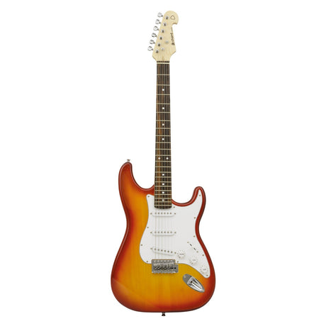 Introducing the Chord CAL63 Guitar in Cherryburst: This electric guitar boasts a solid body with a sunburst finish, equipped with single coil pickups and a white pickguard. It features six strings and a maple neck adorned with dot inlays. The classic double-cutaway design is complemented by chrome hardware, and an optional vintage vibrato system adds an extra touch of style.