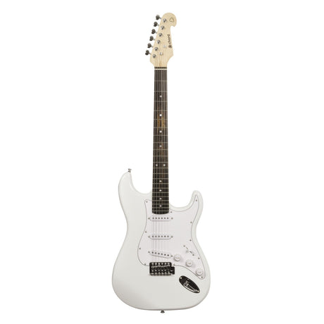 The Chord CAL63 Guitar in Arctic White showcases a classic body design, equipped with a dark fretboard and multiple knobs for volume and tone control. Its three single-coil pickups produce rich sound, complemented by tuning pegs aligned in a row on the headstock.