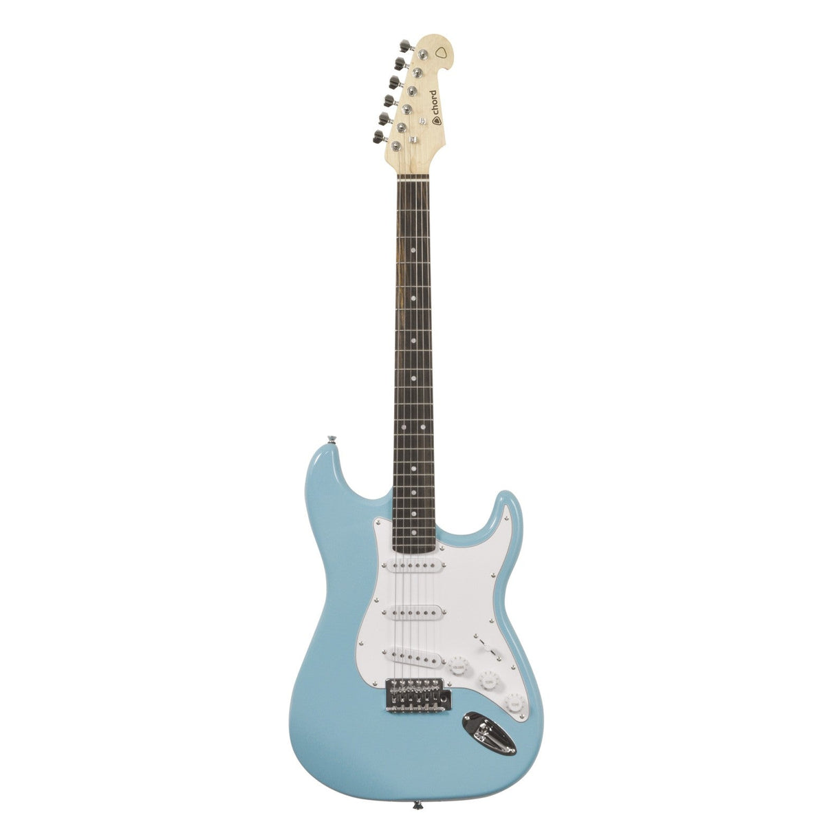 The Chord CAL63 Guitar Surf - Blue features a sky blue body with a white pickguard and a maple neck. It comes equipped with single coil pickups and a vibrato bridge system, six tuning pegs on the headstock, and three control knobs on the body for versatile sound adjustments.