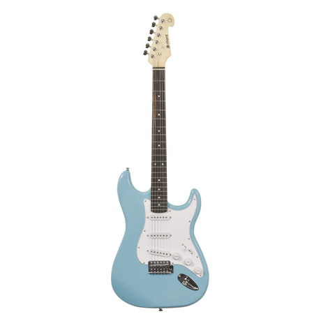 The Chord CAL63 Guitar Surf - Blue features a sky blue body with a white pickguard and a maple neck. It comes equipped with single coil pickups and a vibrato bridge system, six tuning pegs on the headstock, and three control knobs on the body for versatile sound adjustments.