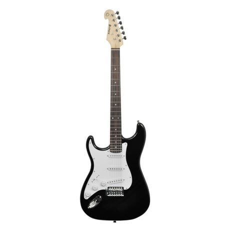 The Chord CAL63/LH Guitar in black showcases a white pickguard, six strings, and twenty-one frets. It features a maple neck, a rosewood fingerboard, single coil pickups, tuning pegs on the headstock adorned with the brand logo, and incorporates a smooth vibrato system for dynamic play.