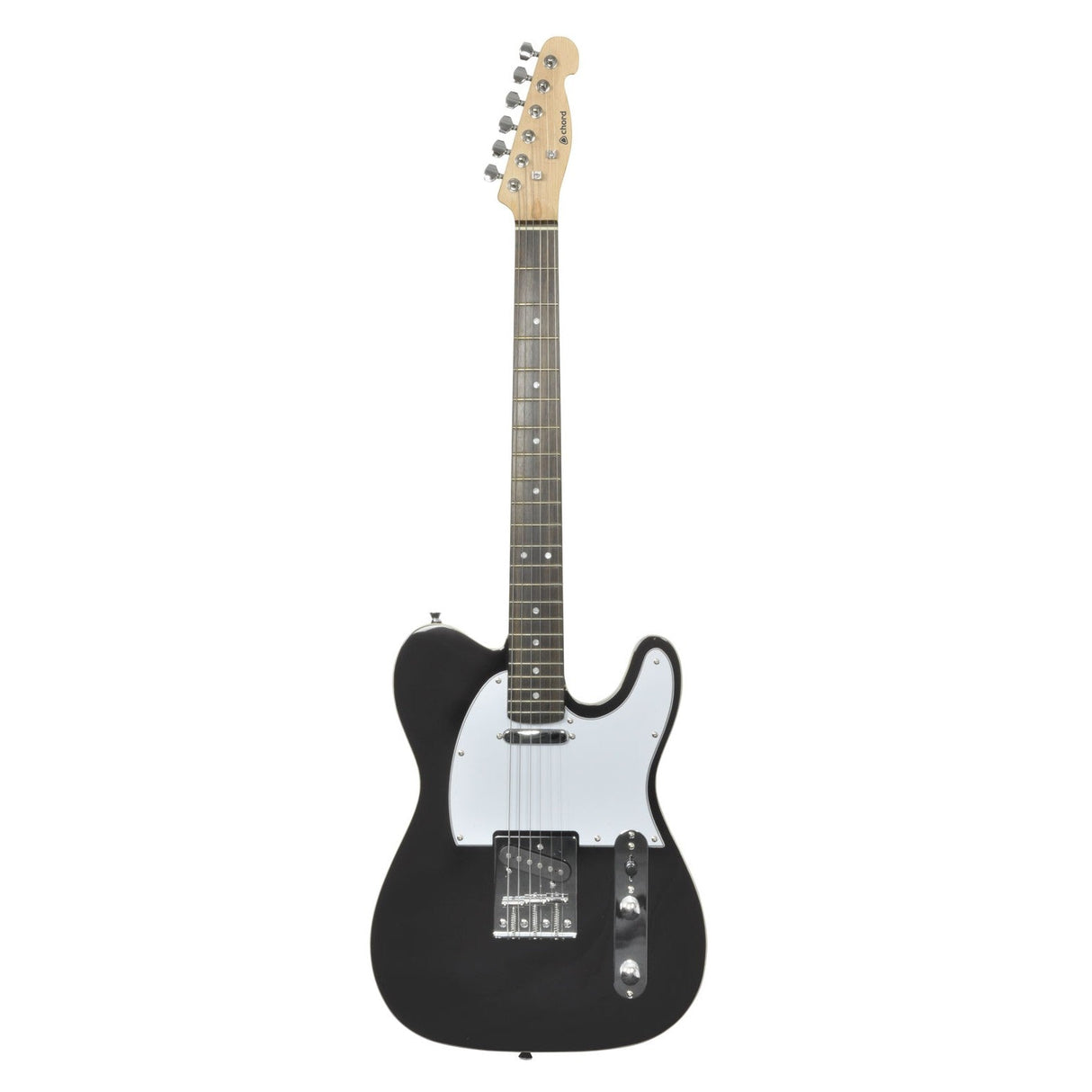 Introducing the Chord CAL62 Guitar - Black: This electric guitar boasts a sleek black body with a striking white pickguard, complemented by silver tuning pegs. It features a maple neck and six strings, with a dark fretboard providing a beautiful contrast to the light wood headstock. Equipped with single coil pickups, this classic design is ideal for playing rock, blues, and country music.