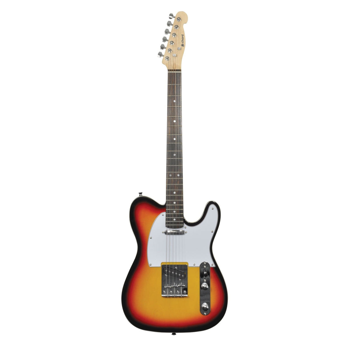 The Chord CAL62 Guitar in 3 Tone Sunburst features single coil pickups and a white pickguard, complete with six strings, and comes with a dark neck and headstock. It showcases a classic design with a solid alder body, metal tuning pegs, and a sleek glossy finish.