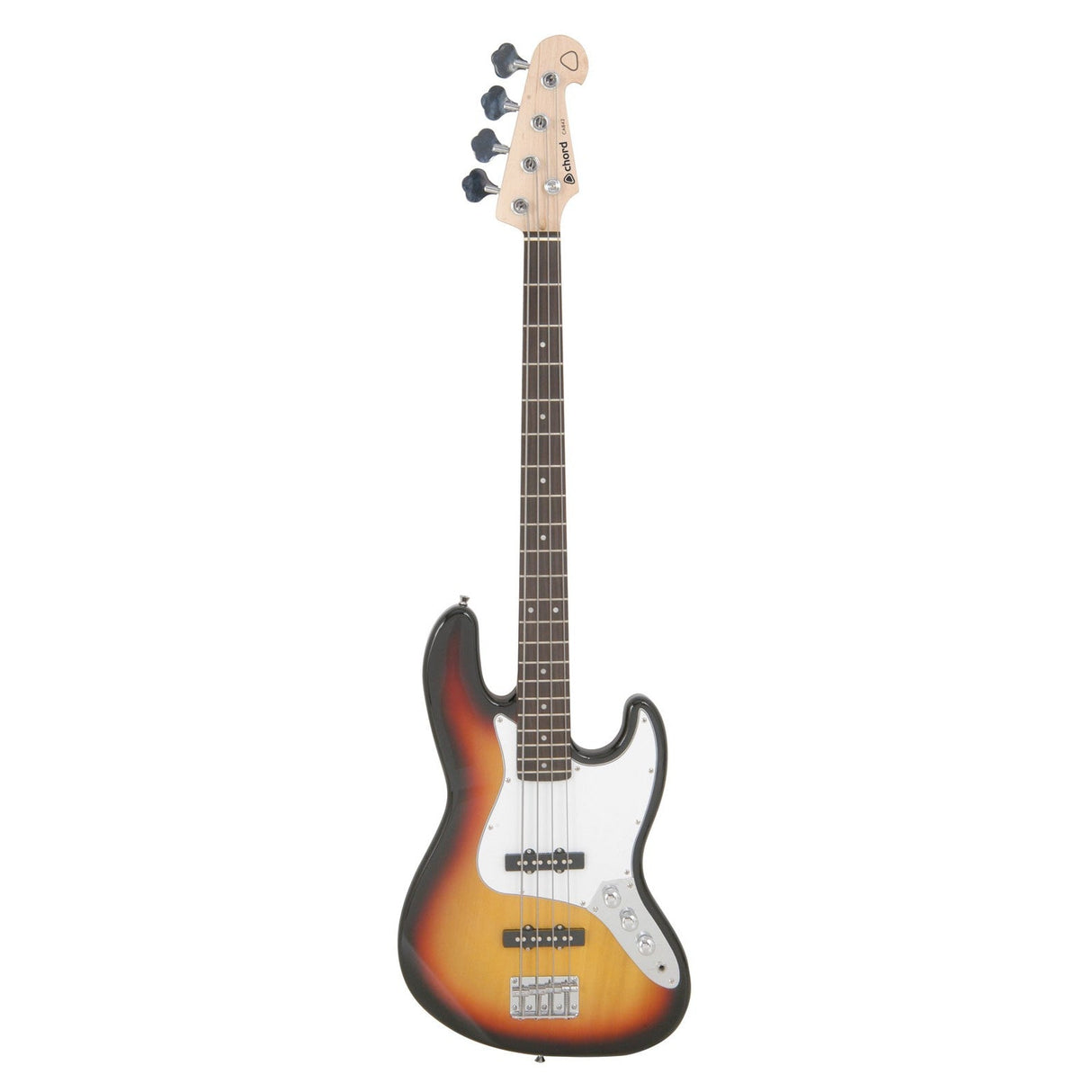 The Chord CAB42 Bass Guitar in a 3 Tone Sunburst finish boasts an alder body, a white pickguard, and is equipped with four strings featuring single coil pickups.