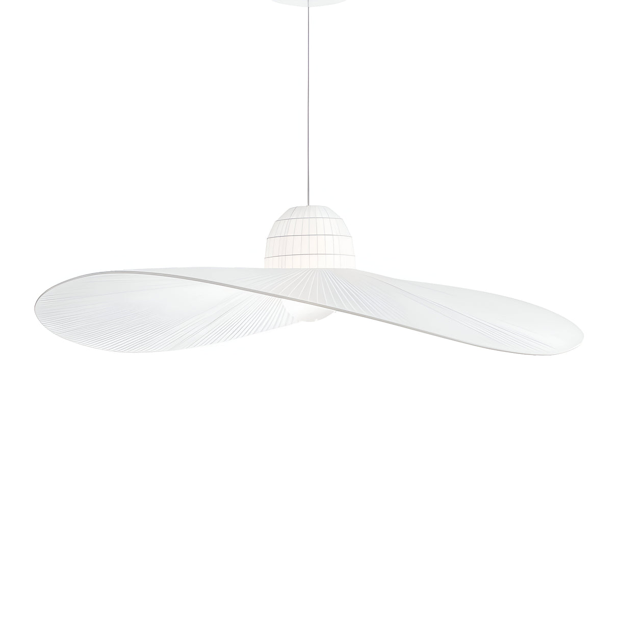 The Eclipso 1 Light Pendant - White features a modern design with an expansive, artistic shade reminiscent of tiered leaf petals. This dimmable fixture is suspended from a slender central cord, providing a sleek and minimalist look that delivers a gentle and sophisticated ambiance to any room.