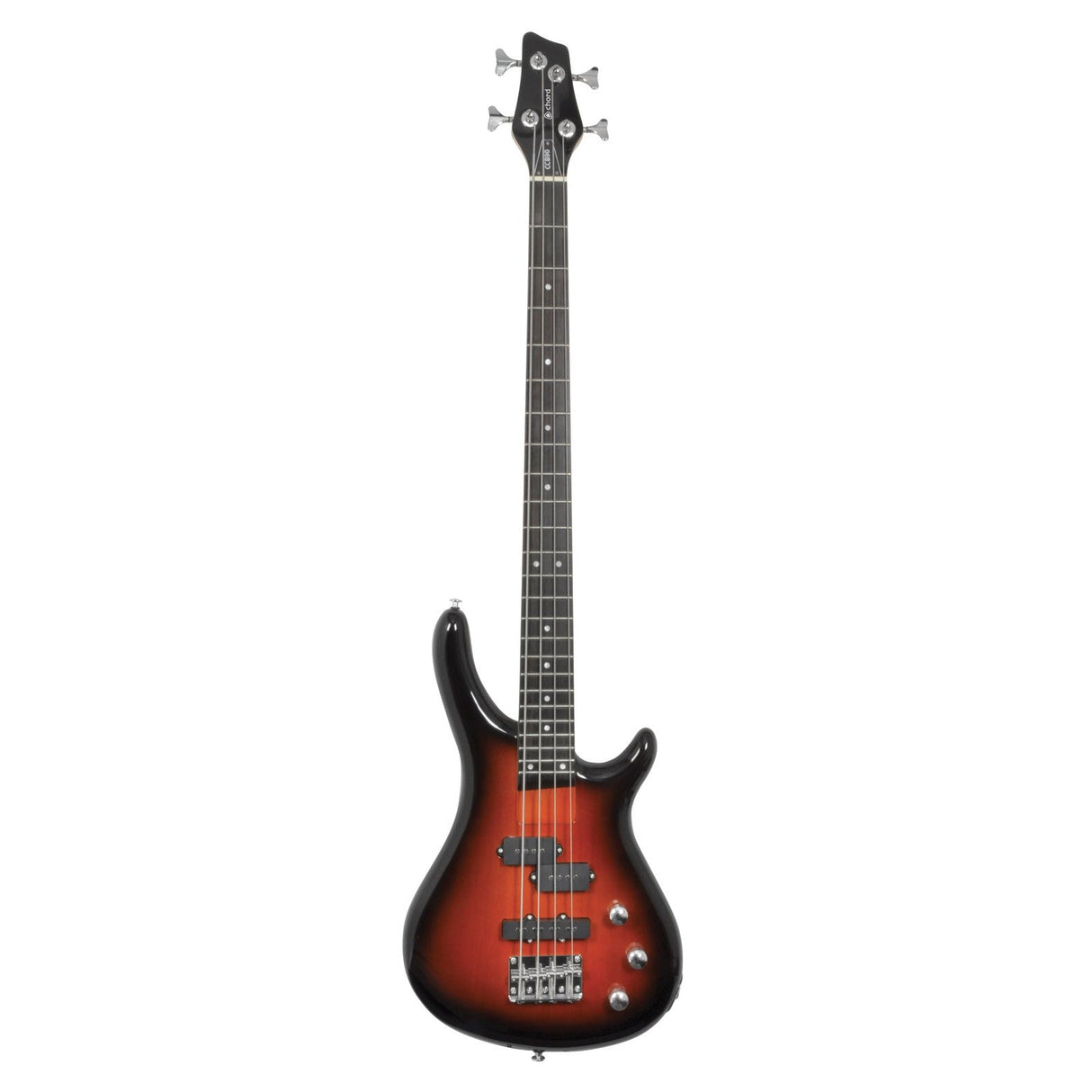 The Chord CCB90 Bass Guitar in Sunburst features a sleek, compact body with a four-string configuration and a stylish black border. It is crafted from sustainable sources and includes metallic tuning pegs and control knobs on the lower body.