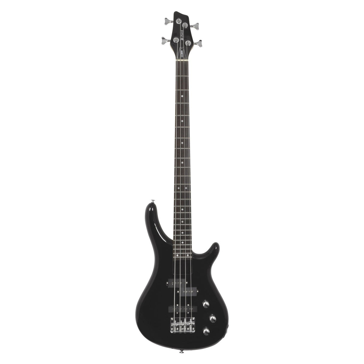Introducing the Chord CCB90 Bass Guitar in Black: This four-string electric bass features silver tuning pegs and a sleek body design. Its simple control knobs and glossy finish enhance its appeal, while the standard pickups are sourced sustainably.