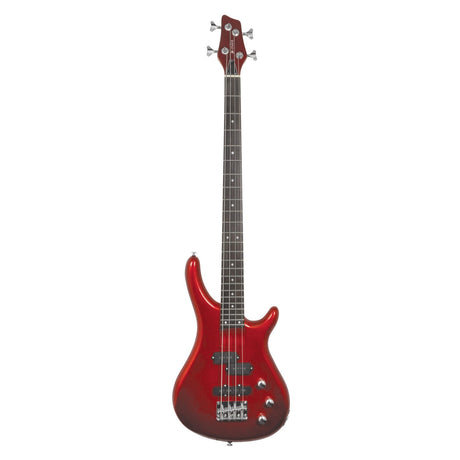 The Chord CCB90 Bass Guitar in Metallic Red boasts a sleek, glossy finish and an alder body. It features four strings, humbucking pickups, a dark fretboard with dot inlays, and silver tuning pegs. The instrument is designed with a double-cutaway body.
