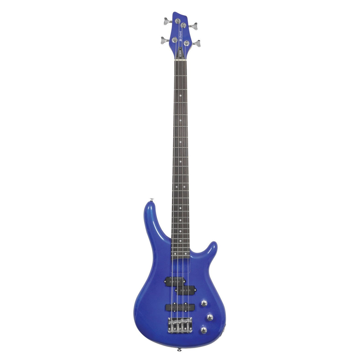 Introducing the Chord CCB90 Bass Guitar in Metallic Blue—a sleek and compact electric bass guitar. It boasts a stylish four-string design with silver tuning pegs and control knobs. The glossy finish enhances its curved shape, featuring a powerful split coil humbucker set against a simple white background.