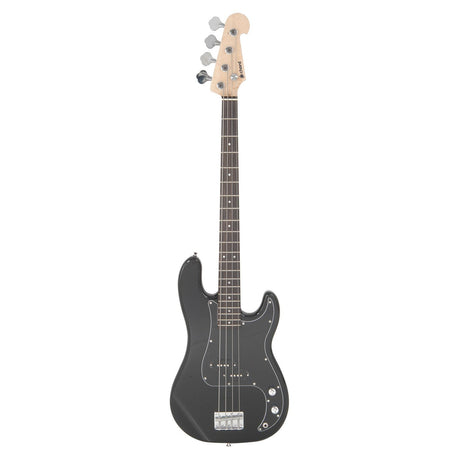 The Chord CAB41 Bass Guitar in black features a solid alder body with four strings. It is equipped with a maple neck, chrome tuning pegs, and split coil humbuckers for improved sound quality. The double-cutaway design includes two pickups and controls for tone and volume, while dot inlays embellish the fretboard.