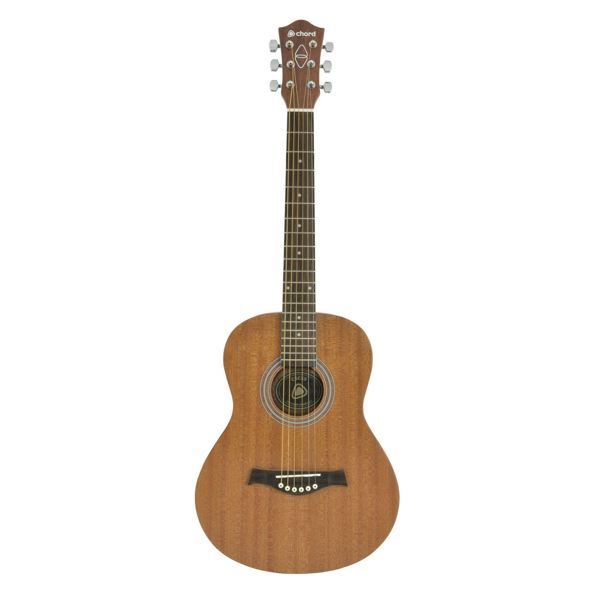 The Chord Sapele Compact Acoustic Guitar is fully displayed from the front, highlighting its wooden body crafted from sustainable sources and a dark fretboard, complete with metal tuning pegs and a circular sound hole decorated with an intricate rosette pattern. The guitar stands against a plain white background.