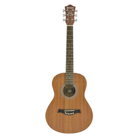 The Chord Sapele Compact Acoustic Guitar is fully displayed from the front, highlighting its wooden body crafted from sustainable sources and a dark fretboard, complete with metal tuning pegs and a circular sound hole decorated with an intricate rosette pattern. The guitar stands against a plain white background.