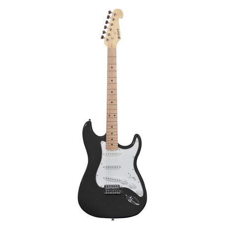 The Chord CAL63M Guitar in black has a light wood neck and fretboard, complemented by a white pickguard and three single-coil pickups. It features six tuning pegs on the headstock, a vintage vibrato system, and boasts a classic body shape.