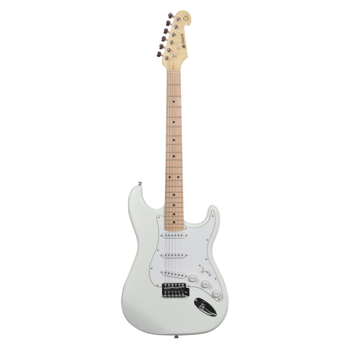 The Chord CAL63M Guitar Arctic in White features a white body with a maple neck and headstock. It comes with a vintage vibrato system, three single-coil pickups, a white pickguard, and a tremolo bridge. The guitar is also equipped with six tuning pegs on the headstock.
