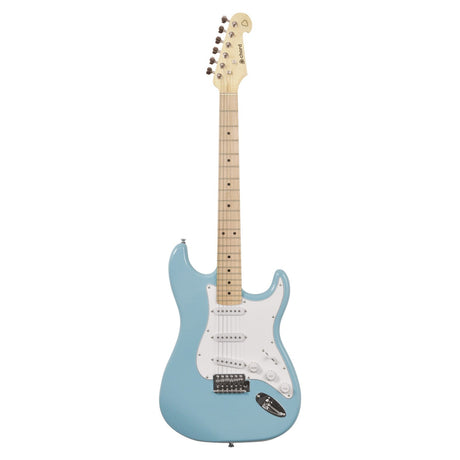 The Chord CAL63M Guitar Surf - Blue is a light blue electric guitar that boasts a white pickguard and six strings. It features single coil pickups, complemented by a maple neck and headstock. Silver tuning pegs enhance its appearance, while three pickups are accompanied by control knobs on the body. The guitar also includes a smooth vibrato system for dynamic sound.