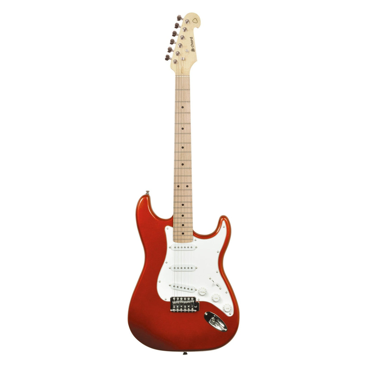 The Chord CAL63M Guitar Metallic - Red features a contoured body with six tuning pegs, a vibrant red finish, and is equipped with a vibrato bridge. It includes a white pickguard and light-colored fretboard, along with three single coil pickups and control knobs for sound adjustment. This electric guitar is displayed against a plain white background.