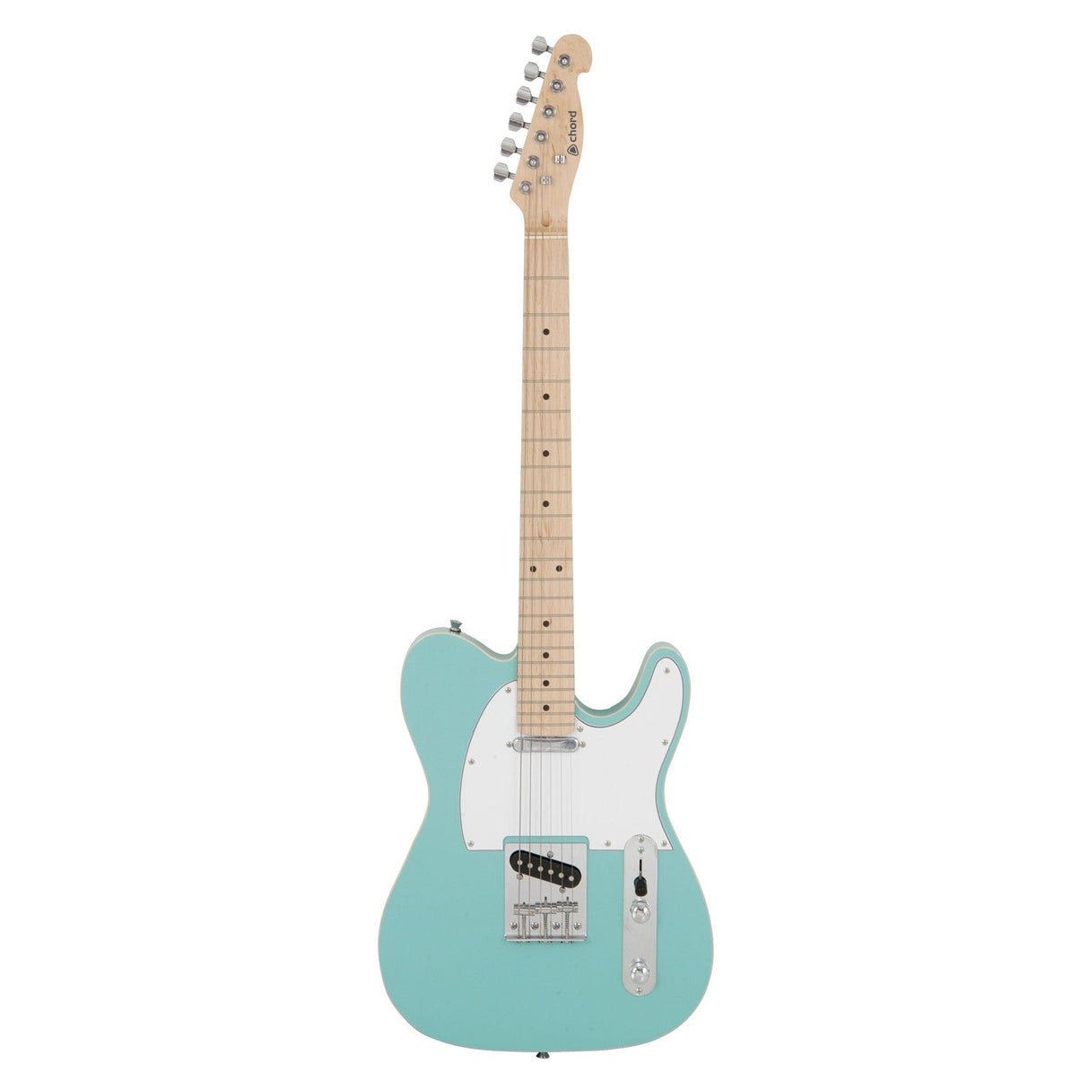 The Chord CAL62M Guitar Surf - Blue features a teal body with a light wood neck and a white pickguard, showcasing a classic slab body design. It includes six tuning pegs on the headstock and a bridge equipped with single coil pickups, ideal for producing that iconic sound.