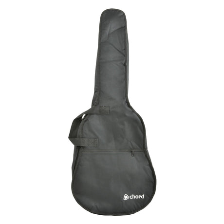 The Chord LGB-C44 Lightweight Gig Bag, designed for a full-size 4/4 classical guitar, offers a carrying handle and a zippered pocket. It includes 5mm padding for enhanced protection, with the brand name "chord" displayed in white at the bottom, providing both security and portability.