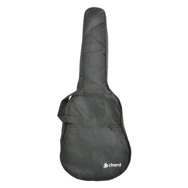 The Chord LGB-C44 Lightweight Gig Bag, designed for a full-size 4/4 classical guitar, offers a carrying handle and a zippered pocket. It includes 5mm padding for enhanced protection, with the brand name "chord" displayed in white at the bottom, providing both security and portability.