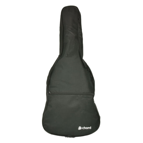 Introducing the Chord LGB-C34 Lightweight Gig Bag for Classical 3/4 Size Guitars, a dark green bag featuring a front zipper pocket and a "chord" logo in white at the bottom. Designed with 5mm padding for added protection, this bag also includes a top handle, making it an excellent choice for your classical guitar.