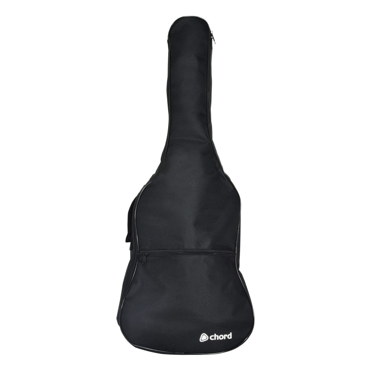 The Chord LGB-C12 Lightweight Gig Bag, designed for 1/2 size classical guitars, offers a black exterior with 5mm padding, a convenient zippered compartment, and features the distinctive Chord logo at the bottom for optimal protection.
