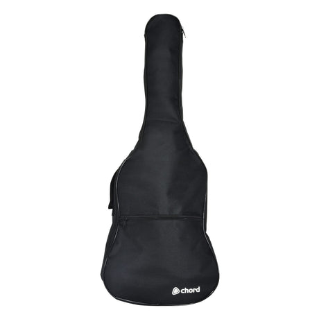 The Chord LGB-C12 Lightweight Gig Bag, designed for 1/2 size classical guitars, offers a black exterior with 5mm padding, a convenient zippered compartment, and features the distinctive Chord logo at the bottom for optimal protection.